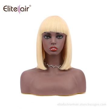 100% Brazilian Virgin Human Hair Glueless 613 Blonde Color Wig Flat Bang for for black Women Straight Short Bob Wigs with Bangs